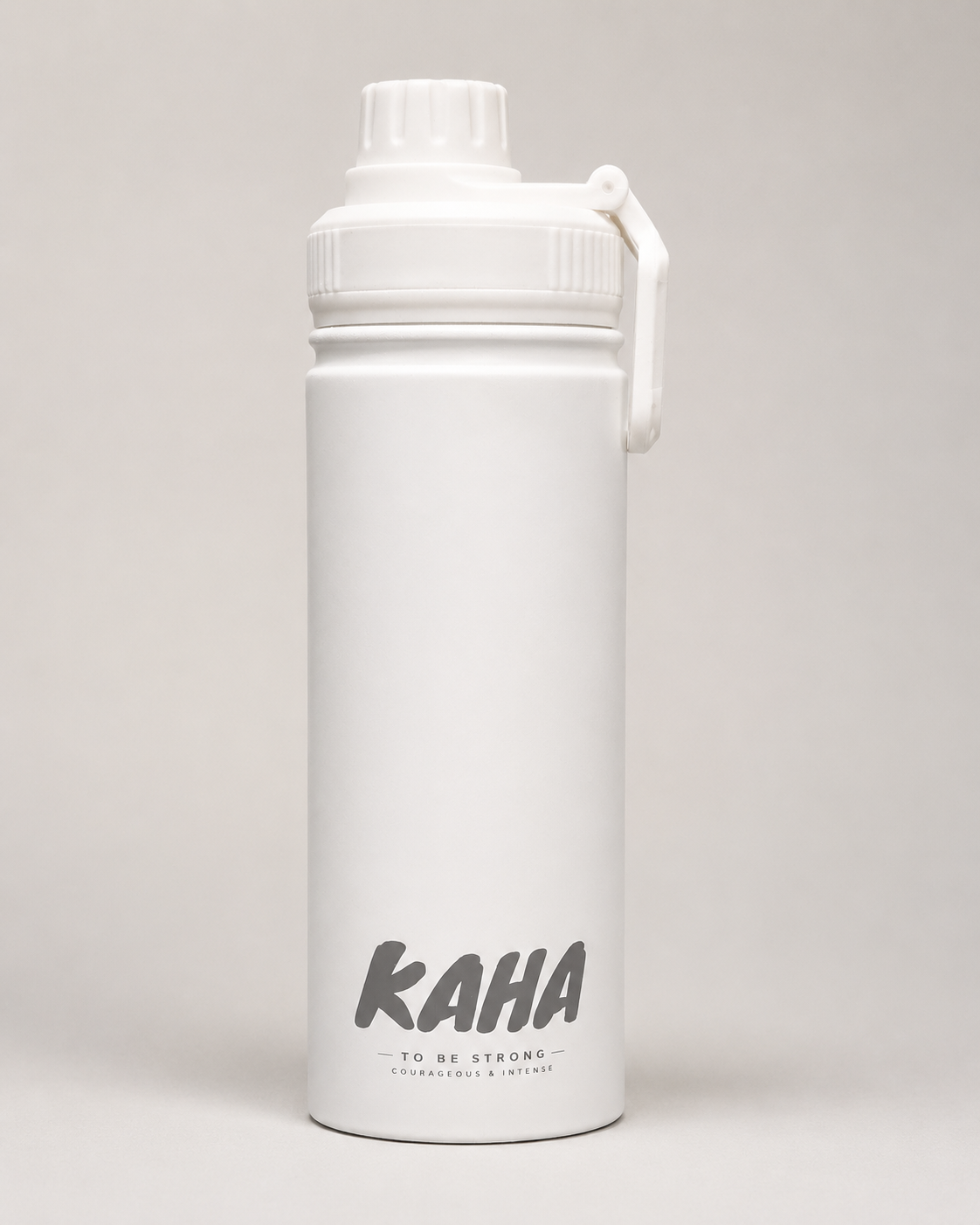 KAHA insulated stainless steel water bottle in matte white with a secure leak-proof lid and integrated carry handle.
