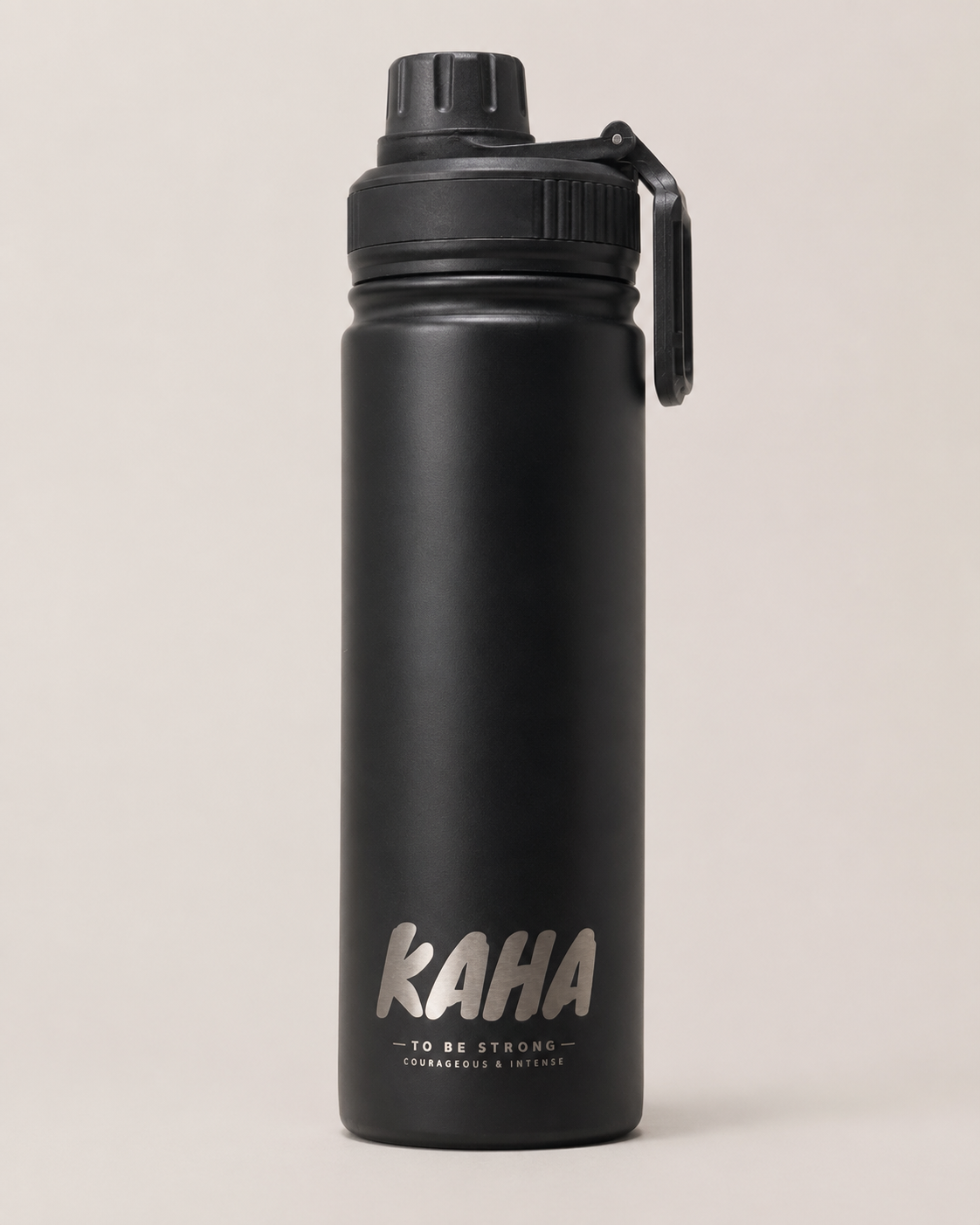 KAHA insulated stainless steel water bottle in matte black with a leak-proof lid and integrated carry handle.