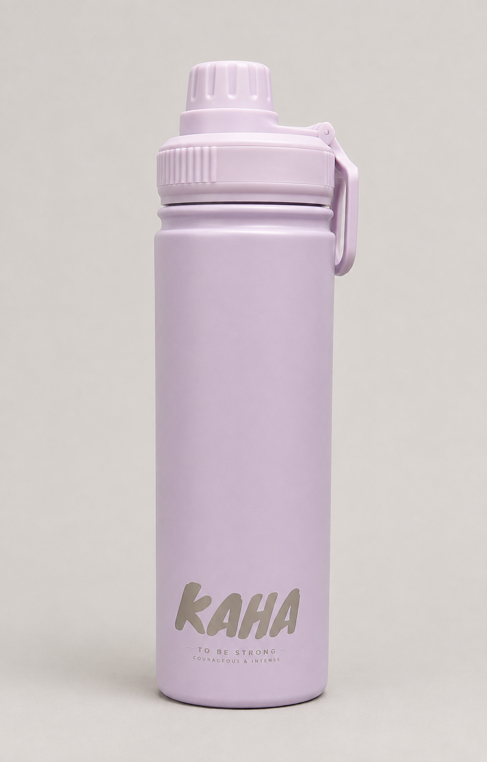 KAHA insulated stainless steel water bottle in light purple with a matte finish, leak-proof lid, and carry handle.