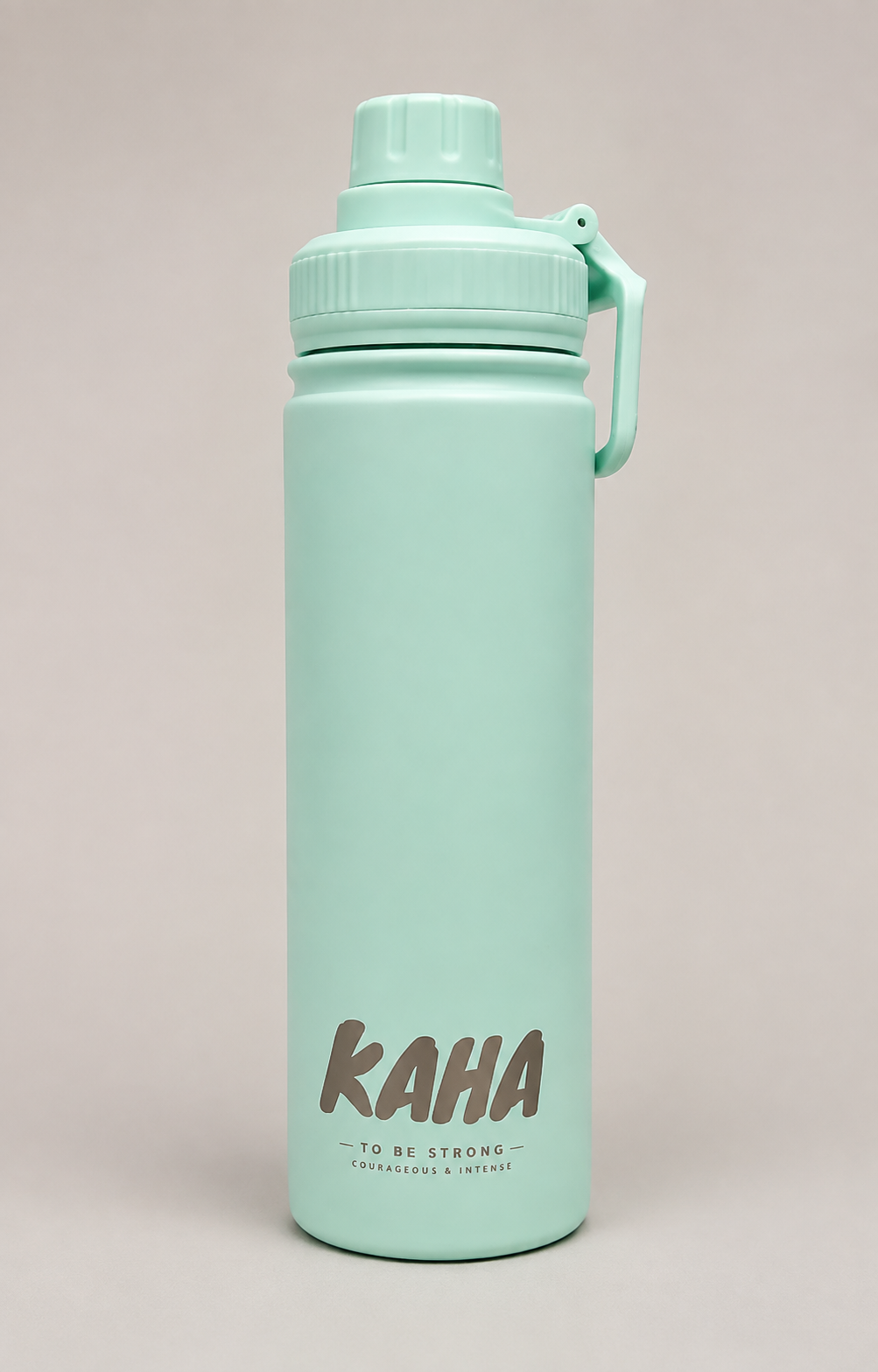 KAHA insulated stainless steel water bottle in mint green with a matte finish, leak-proof lid, and carry handle.