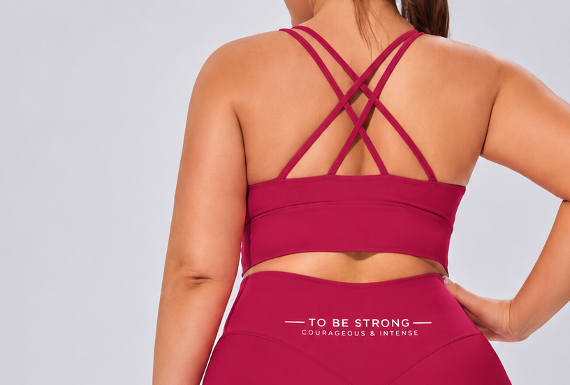 KAHA wild berry high-rise leggings and matching sports bra with crisscross back straps on a model